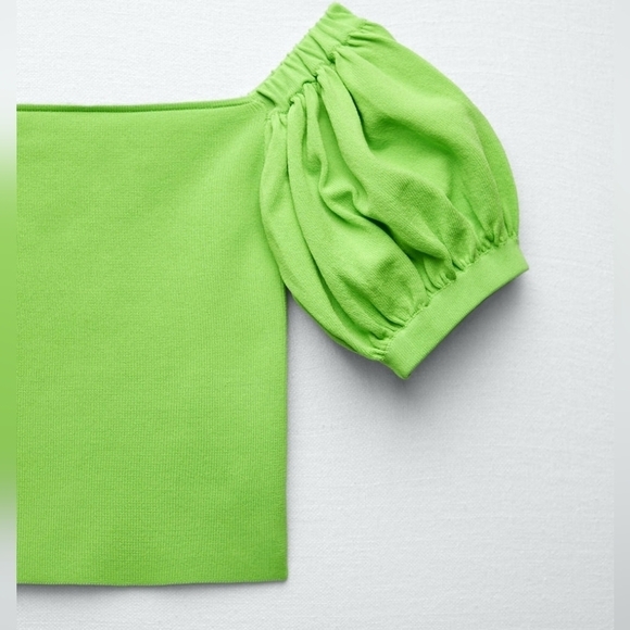 ZARA KNIT TOP WITH BALLOON SLEEVES neon green off the shoulder medium - Picture 6 of 11